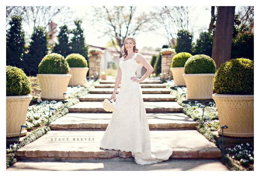 bridal portrait photo session of Allison Gerard Swank in a Monique Lhullier wedding gown dress at the Dallas Arboretum and Botanical Garden by Dallas wedding photographer Stacy Reeves