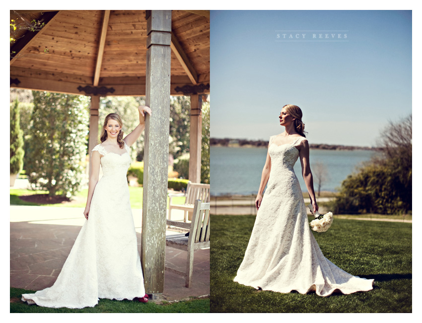 bridal portrait photo session of Allison Gerard Swank in a Monique Lhullier wedding gown dress at the Dallas Arboretum and Botanical Garden by Dallas wedding photographer Stacy Reeves