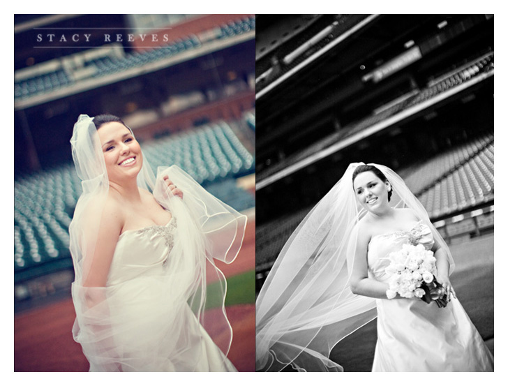 bridal bride portraits of Carrie Alexander Short at Union Station in Minute Maid Park in downtown Houston Texas, home of the Houston Astros baseball team, by Dallas wedding photographer Stacy Reeves