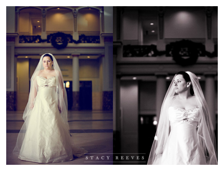 bridal bride portraits of Carrie Alexander Short at Union Station in Minute Maid Park in downtown Houston Texas, home of the Houston Astros baseball team, by Dallas wedding photographer Stacy Reeves