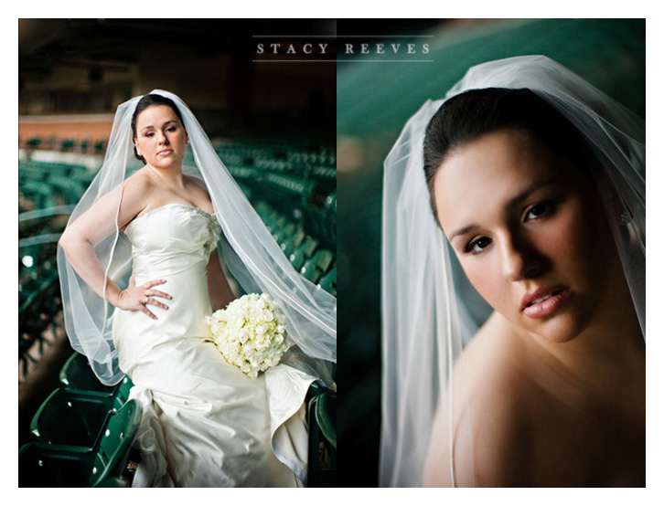 bridal bride portraits of Carrie Alexander Short at Union Station in Minute Maid Park in downtown Houston Texas, home of the Houston Astros baseball team, by Dallas wedding photographer Stacy Reeves