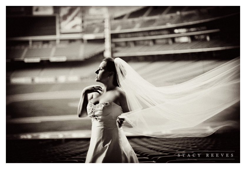 bridal bride portraits of Carrie Alexander Short at Union Station in Minute Maid Park in downtown Houston Texas, home of the Houston Astros baseball team, by Dallas wedding photographer Stacy Reeves