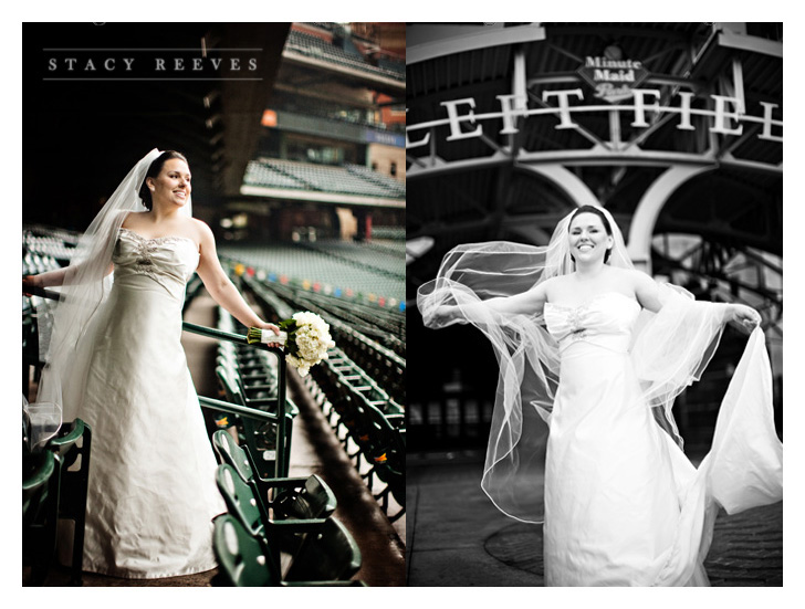 bridal bride portraits of Carrie Alexander Short at Union Station in Minute Maid Park in downtown Houston Texas, home of the Houston Astros baseball team, by Dallas wedding photographer Stacy Reeves