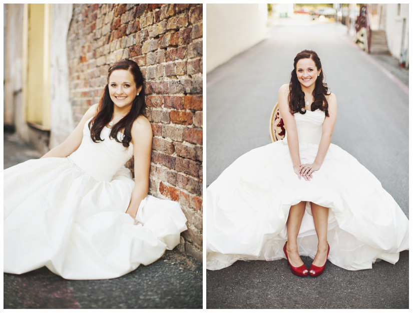 Bridal photo portrait session of Hannah Petkovsik with red high heels shoes in historic downtown McKinney Texas by Dallas wedding photographer Stacy Reeves