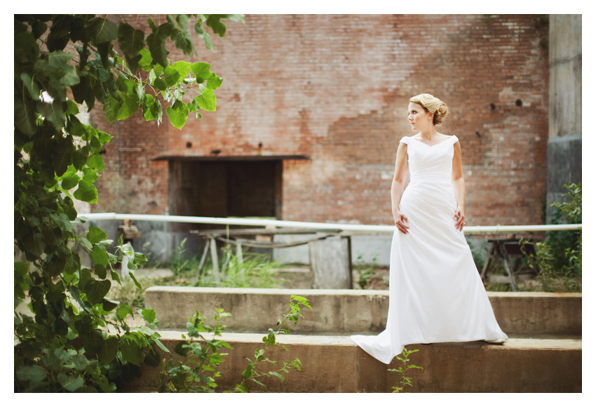 bridal portrait wedding gown photo session of Marcy Novak Gilbert at the Old McKinney Cotton Mill by Dallas wedding photographer Stacy Reeves