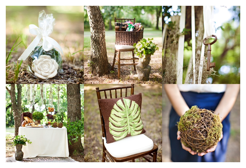 Vintage garden themed brown and green bridal shower event design featuring dark wood mahogany chiviari chairs, wooden table, moss, antique keys, roses, and wooden plates