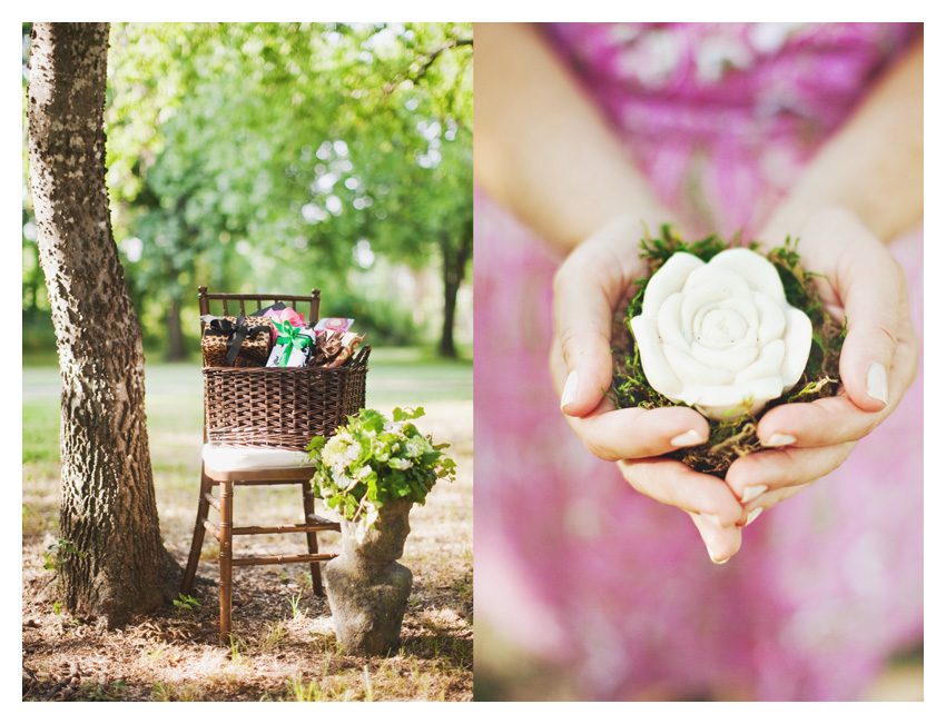 Vintage garden themed brown and green bridal shower event design featuring dark wood mahogany chiviari chairs, wooden table, moss, antique keys, roses, and wooden plates