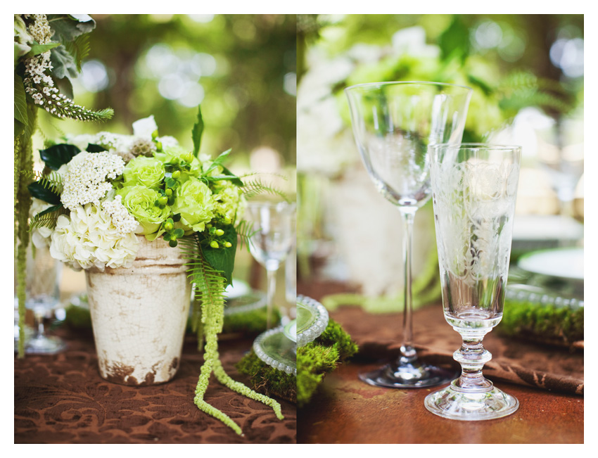 Vintage garden themed brown and green bridal shower event design featuring dark wood mahogany chiviari chairs, wooden table, moss, antique keys, roses, and wooden plates