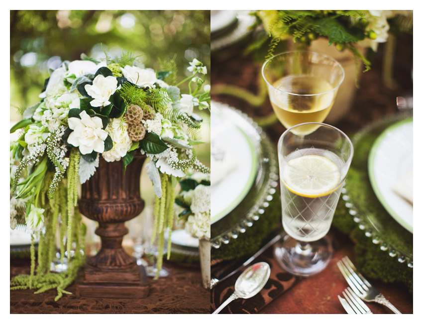 Vintage garden themed brown and green bridal shower event design featuring dark wood mahogany chiviari chairs, wooden table, moss, antique keys, roses, and wooden plates