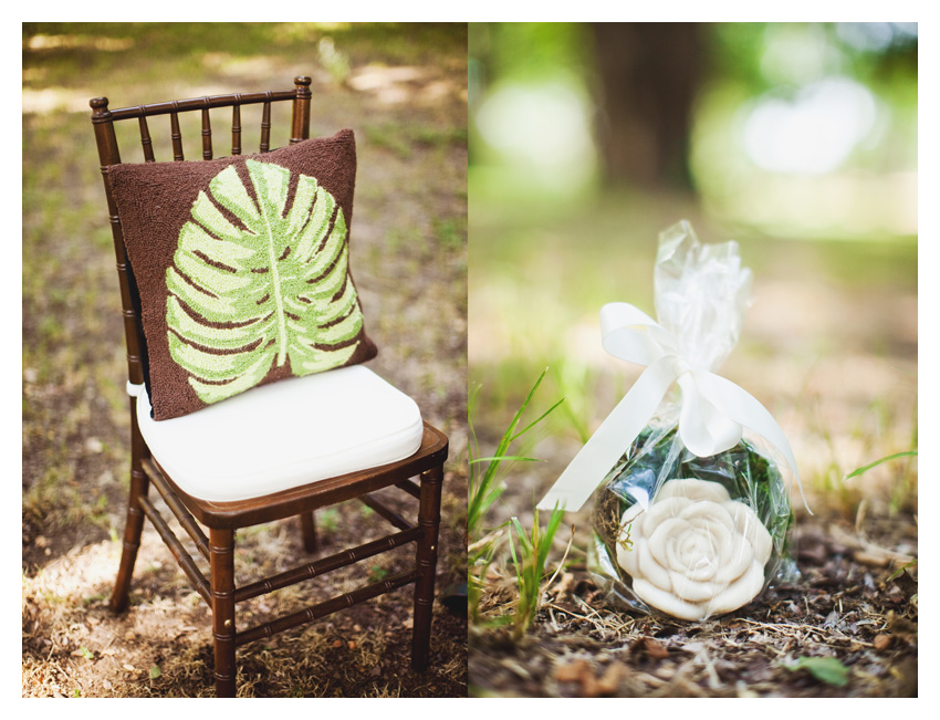 Vintage garden themed brown and green bridal shower event design featuring dark wood mahogany chiviari chairs, wooden table, moss, antique keys, roses, and wooden plates