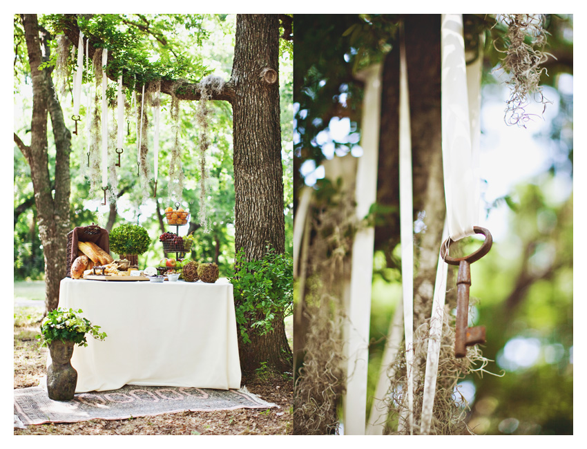 Vintage garden themed brown and green bridal shower event design featuring dark wood mahogany chiviari chairs, wooden table, moss, antique keys, roses, and wooden plates