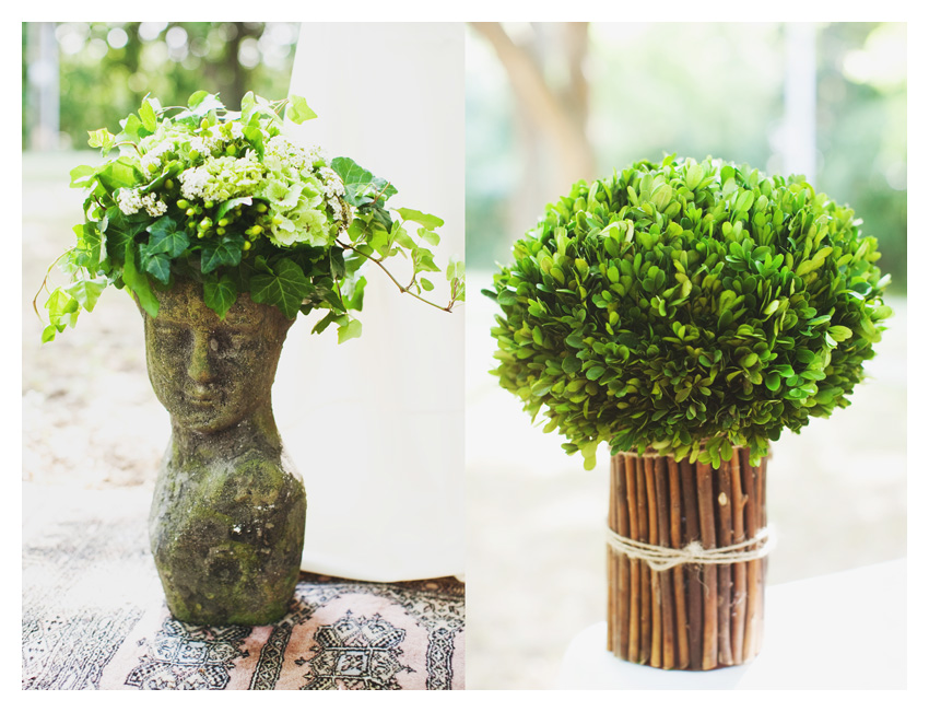 Vintage garden themed brown and green bridal shower event design featuring dark wood mahogany chiviari chairs, wooden table, moss, antique keys, roses, and wooden plates