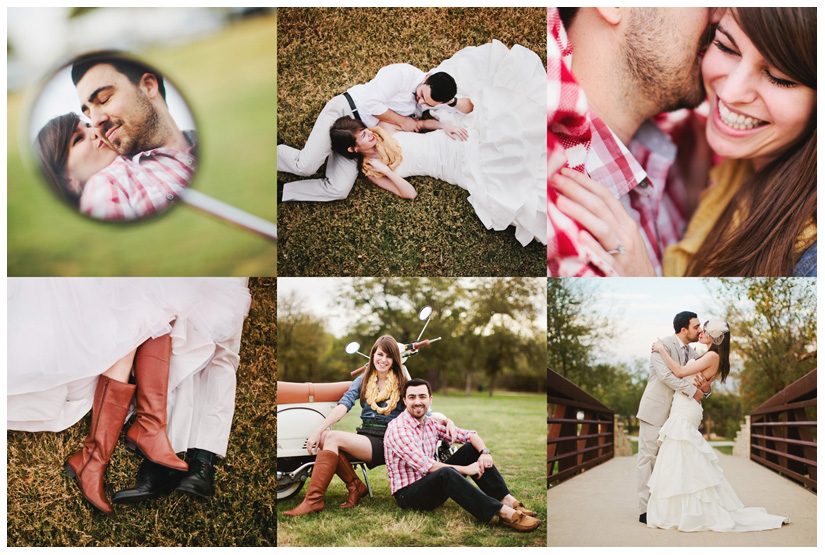 Engagement and Day After portrait photo session of Caroline Joy Casey and Aaron Rector at Keller City Hall Park featuring a vintage bridal headpiece, Stelle 4-stroke Creme Cream Scooter, and whippet dog by Dallas wedding photographer Stacy Reeves