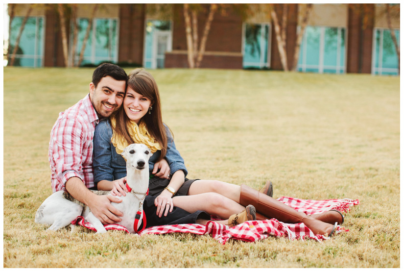 Engagement and Day After portrait photo session of Caroline Joy Casey and Aaron Rector at Keller City Hall Park featuring a vintage bridal headpiece, Stelle 4-stroke Creme Cream Scooter, and whippet dog by Dallas wedding photographer Stacy Reeves