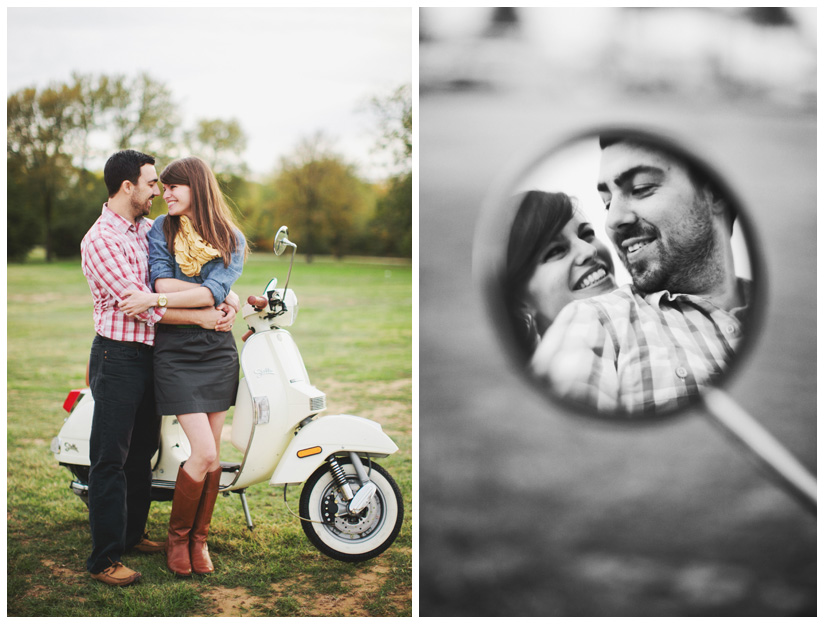 Engagement and Day After portrait photo session of Caroline Joy Casey and Aaron Rector at Keller City Hall Park featuring a vintage bridal headpiece, Stelle 4-stroke Creme Cream Scooter, and whippet dog by Dallas wedding photographer Stacy Reeves