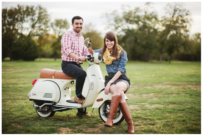 Engagement and Day After portrait photo session of Caroline Joy Casey and Aaron Rector at Keller City Hall Park featuring a vintage bridal headpiece, Stelle 4-stroke Creme Cream Scooter, and whippet dog by Dallas wedding photographer Stacy Reeves