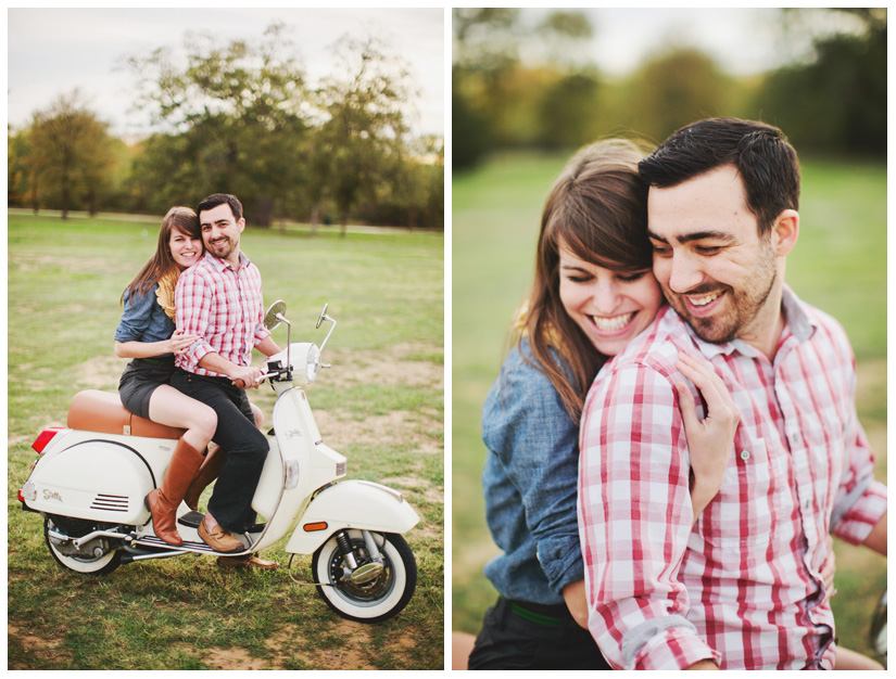 Engagement and Day After portrait photo session of Caroline Joy Casey and Aaron Rector at Keller City Hall Park featuring a vintage bridal headpiece, Stelle 4-stroke Creme Cream Scooter, and whippet dog by Dallas wedding photographer Stacy Reeves