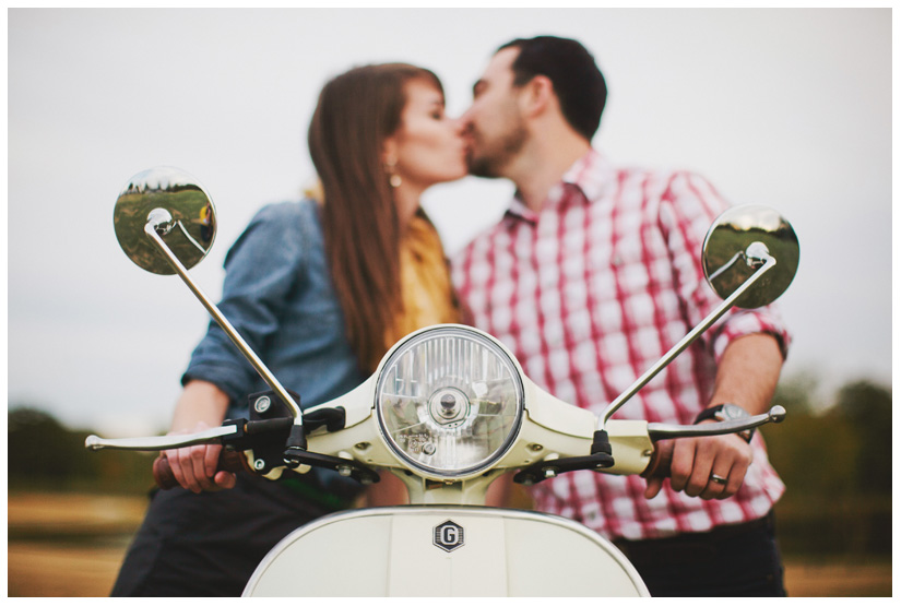 Engagement and Day After portrait photo session of Caroline Joy Casey and Aaron Rector at Keller City Hall Park featuring a vintage bridal headpiece, Stelle 4-stroke Creme Cream Scooter, and whippet dog by Dallas wedding photographer Stacy Reeves