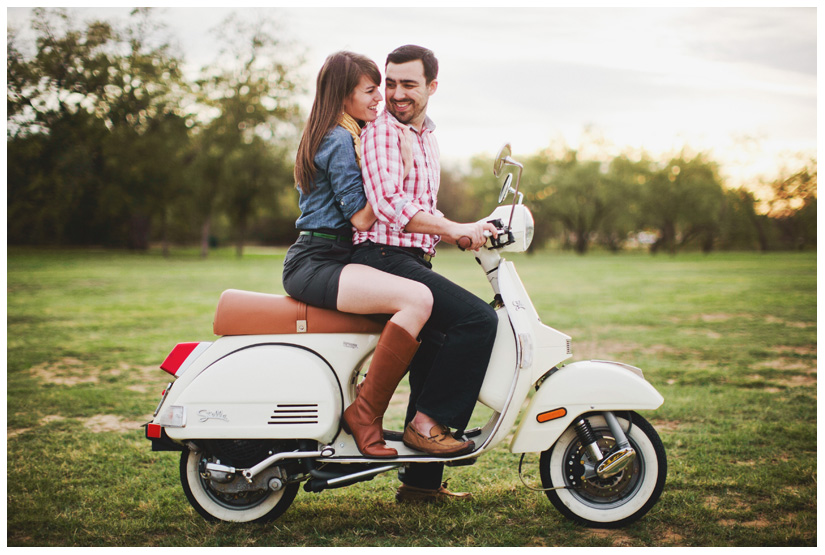 Engagement and Day After portrait photo session of Caroline Joy Casey and Aaron Rector at Keller City Hall Park featuring a vintage bridal headpiece, Stelle 4-stroke Creme Cream Scooter, and whippet dog by Dallas wedding photographer Stacy Reeves