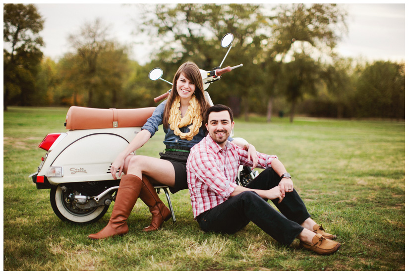 Engagement and Day After portrait photo session of Caroline Joy Casey and Aaron Rector at Keller City Hall Park featuring a vintage bridal headpiece, Stelle 4-stroke Creme Cream Scooter, and whippet dog by Dallas wedding photographer Stacy Reeves