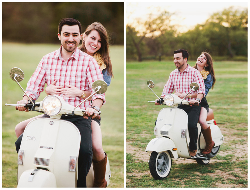 Engagement and Day After portrait photo session of Caroline Joy Casey and Aaron Rector at Keller City Hall Park featuring a vintage bridal headpiece, Stelle 4-stroke Creme Cream Scooter, and whippet dog by Dallas wedding photographer Stacy Reeves