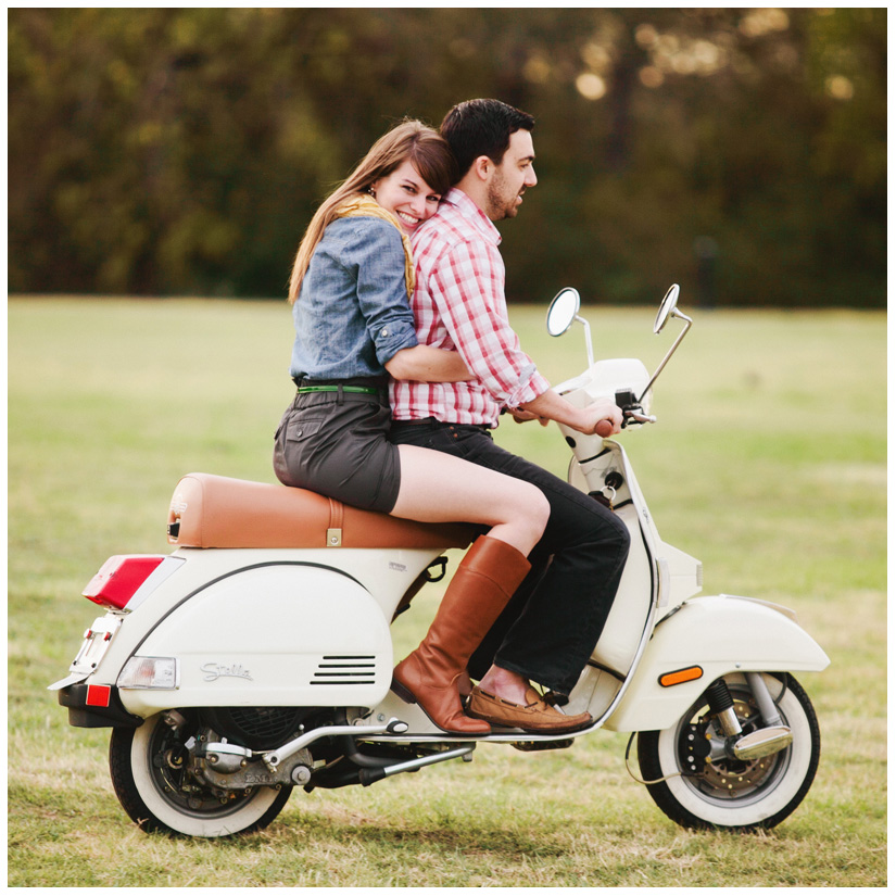 Engagement and Day After portrait photo session of Caroline Joy Casey and Aaron Rector at Keller City Hall Park featuring a vintage bridal headpiece, Stelle 4-stroke Creme Cream Scooter, and whippet dog by Dallas wedding photographer Stacy Reeves