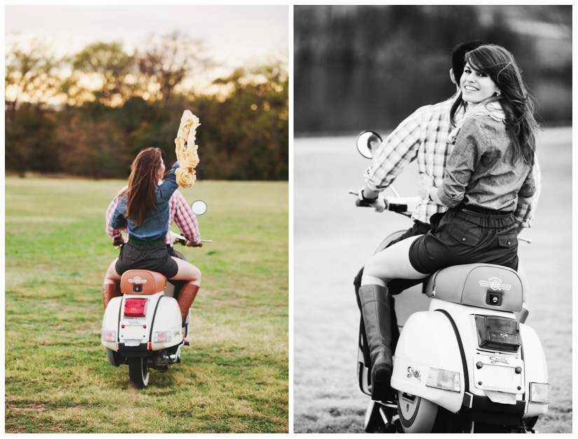 Engagement and Day After portrait photo session of Caroline Joy Casey and Aaron Rector at Keller City Hall Park featuring a vintage bridal headpiece, Stelle 4-stroke Creme Cream Scooter, and whippet dog by Dallas wedding photographer Stacy Reeves