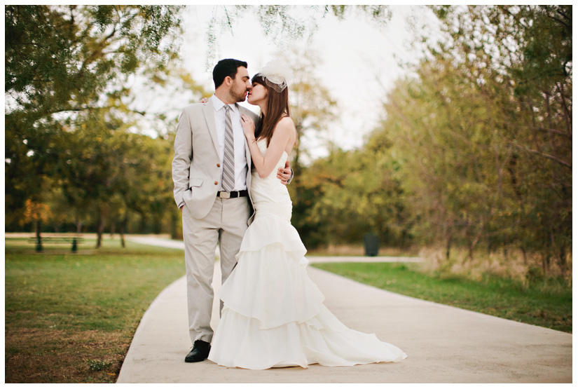 Engagement and Day After portrait photo session of Caroline Joy Casey and Aaron Rector at Keller City Hall Park featuring a vintage bridal headpiece, Stelle 4-stroke Creme Cream Scooter, and whippet dog by Dallas wedding photographer Stacy Reeves