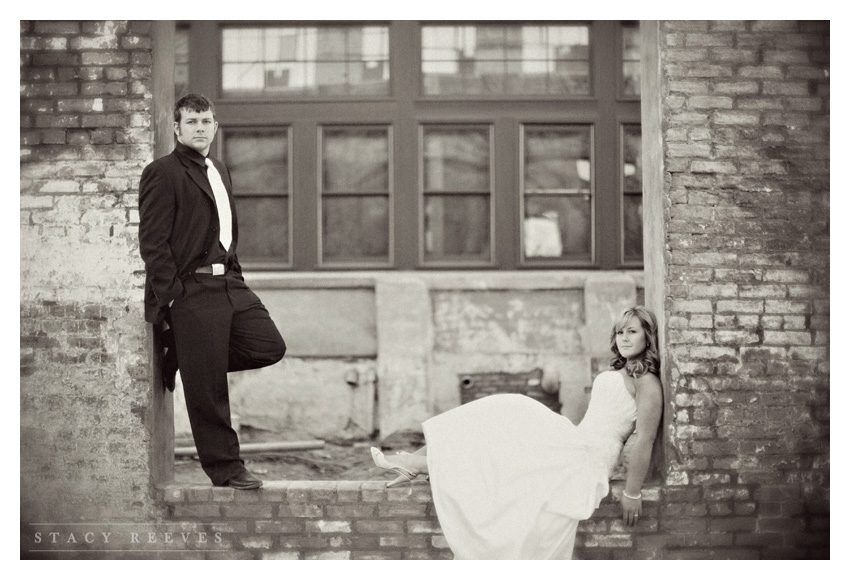 rustic country Day After bride and groom portrait session of Jenny Burdett Fain and Casey Fain at the Old McKinney Cotton Mill abandoned warehouse by Dallas wedding photographer Stacy Reeves