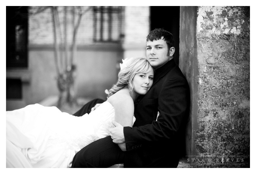 rustic country Day After bride and groom portrait session of Jenny Burdett Fain and Casey Fain at the Old McKinney Cotton Mill abandoned warehouse by Dallas wedding photographer Stacy Reeves