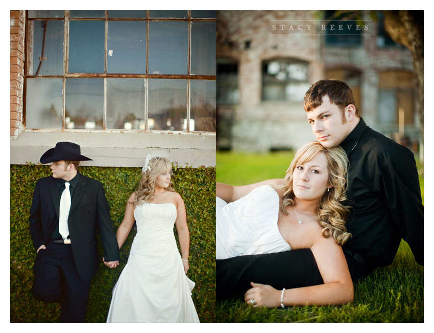 rustic country Day After bride and groom portrait session of Jenny Burdett Fain and Casey Fain at the Old McKinney Cotton Mill abandoned warehouse by Dallas wedding photographer Stacy Reeves