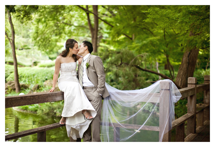 Day After bride and groom portrait session of Paige Kha and Uy Tran at the Fort Worth Japanese Gardens by Dallas wedding photographer Stacy Reeves