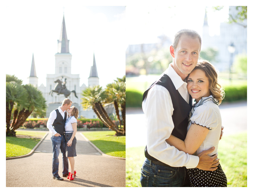 Engagement portrait photo session of CheyAnne Bradfield and Doug Keese in French Quarter, Jackson Square, and Bourbon Street in downtown New Orleans by Dallas wedding photographer Stacy Reeves