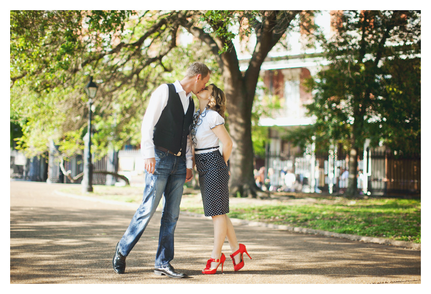 Engagement portrait photo session of CheyAnne Bradfield and Doug Keese in French Quarter, Jackson Square, and Bourbon Street in downtown New Orleans by Dallas wedding photographer Stacy Reeves