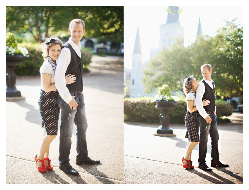 Engagement portrait photo session of CheyAnne Bradfield and Doug Keese in French Quarter, Jackson Square, and Bourbon Street in downtown New Orleans by Dallas wedding photographer Stacy Reeves