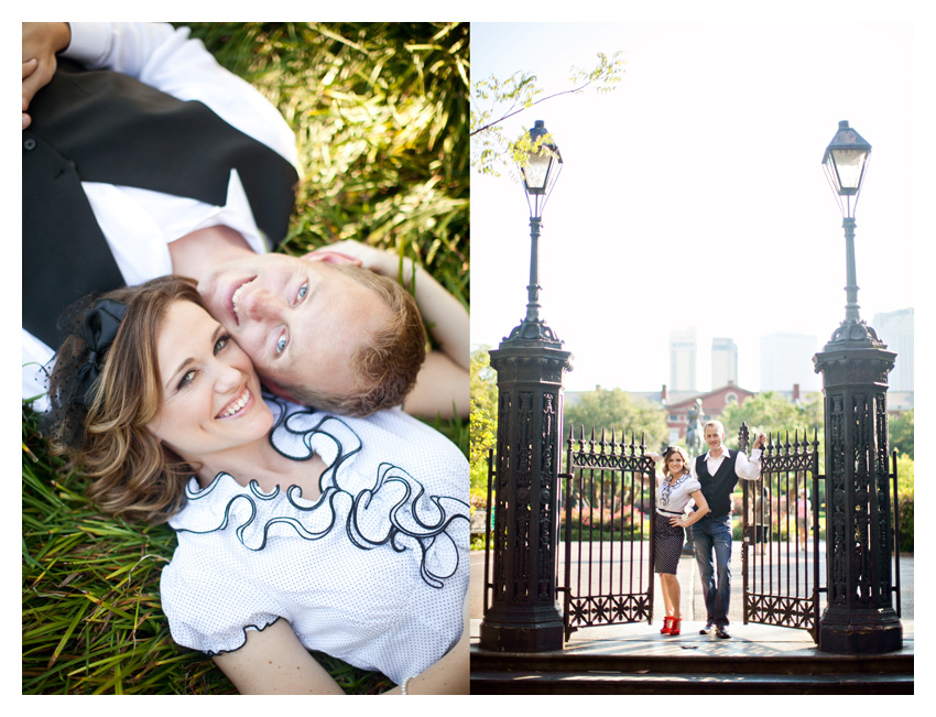 Engagement portrait photo session of CheyAnne Bradfield and Doug Keese in French Quarter, Jackson Square, and Bourbon Street in downtown New Orleans by Dallas wedding photographer Stacy Reeves