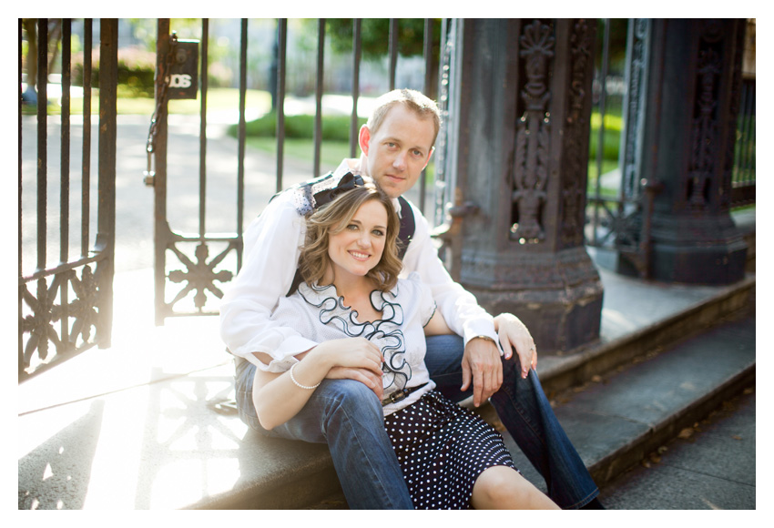 Engagement portrait photo session of CheyAnne Bradfield and Doug Keese in French Quarter, Jackson Square, and Bourbon Street in downtown New Orleans by Dallas wedding photographer Stacy Reeves