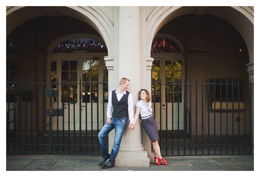 Engagement portrait photo session of CheyAnne Bradfield and Doug Keese in French Quarter, Jackson Square, and Bourbon Street in downtown New Orleans by Dallas wedding photographer Stacy Reeves