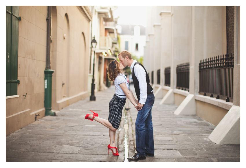 Engagement portrait photo session of CheyAnne Bradfield and Doug Keese in French Quarter, Jackson Square, and Bourbon Street in downtown New Orleans by Dallas wedding photographer Stacy Reeves