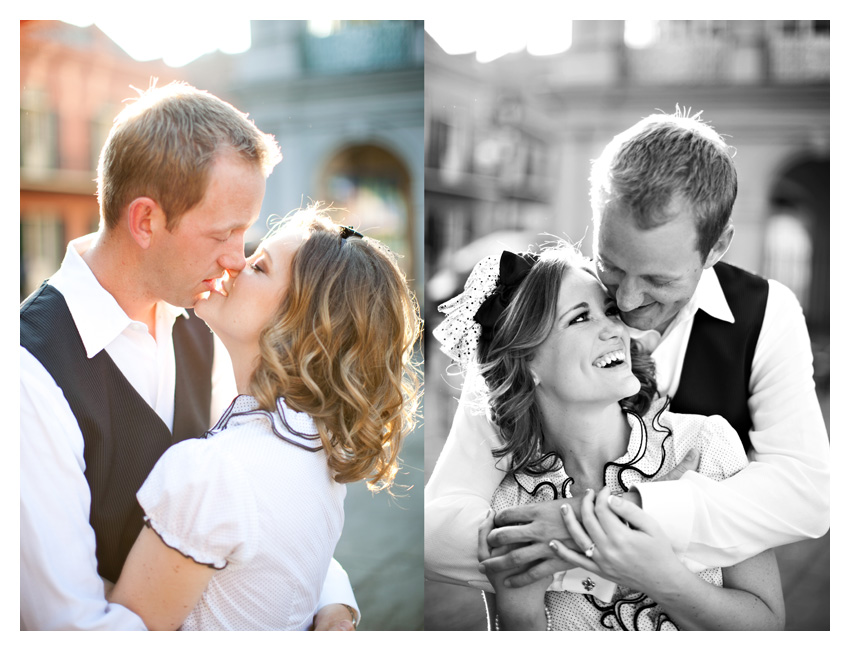 Engagement portrait photo session of CheyAnne Bradfield and Doug Keese in French Quarter, Jackson Square, and Bourbon Street in downtown New Orleans by Dallas wedding photographer Stacy Reeves