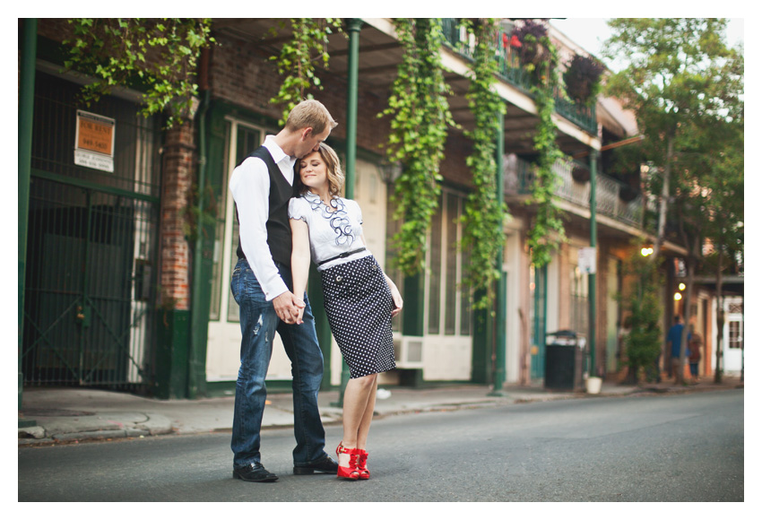 Engagement portrait photo session of CheyAnne Bradfield and Doug Keese in French Quarter, Jackson Square, and Bourbon Street in downtown New Orleans by Dallas wedding photographer Stacy Reeves