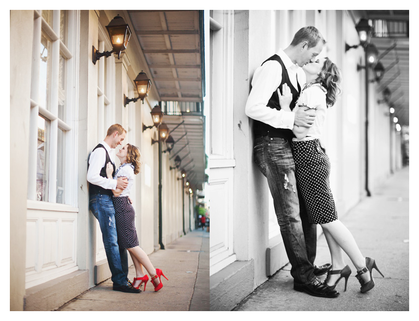 Engagement portrait photo session of CheyAnne Bradfield and Doug Keese in French Quarter, Jackson Square, and Bourbon Street in downtown New Orleans by Dallas wedding photographer Stacy Reeves