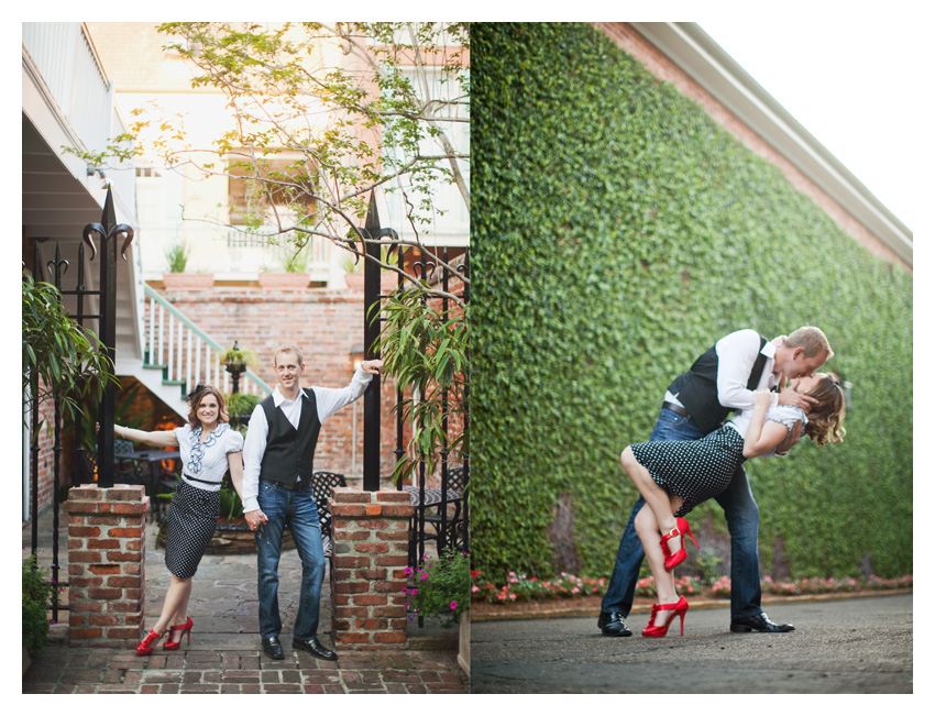 Engagement portrait photo session of CheyAnne Bradfield and Doug Keese in French Quarter, Jackson Square, and Bourbon Street in downtown New Orleans by Dallas wedding photographer Stacy Reeves