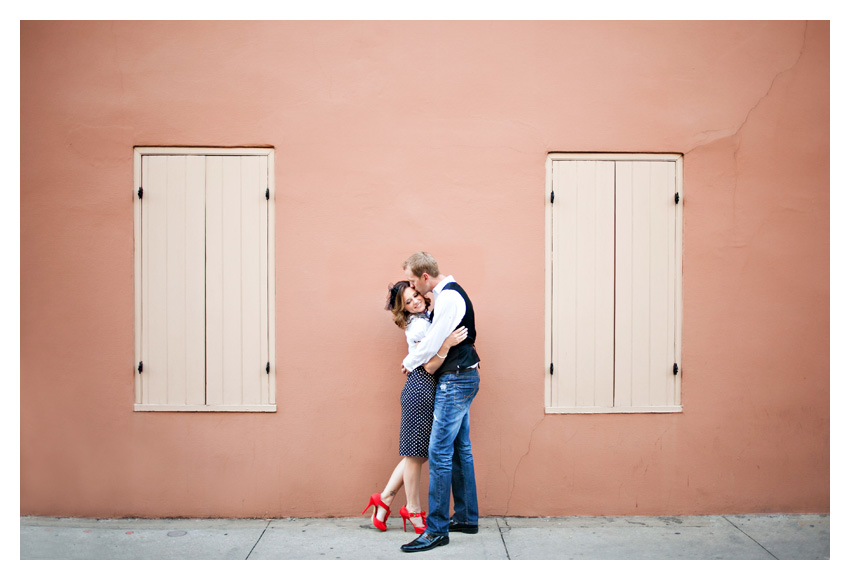 Engagement portrait photo session of CheyAnne Bradfield and Doug Keese in French Quarter, Jackson Square, and Bourbon Street in downtown New Orleans by Dallas wedding photographer Stacy Reeves