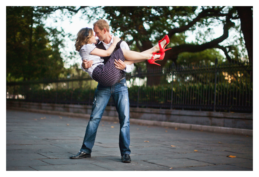 Engagement portrait photo session of CheyAnne Bradfield and Doug Keese in French Quarter, Jackson Square, and Bourbon Street in downtown New Orleans by Dallas wedding photographer Stacy Reeves