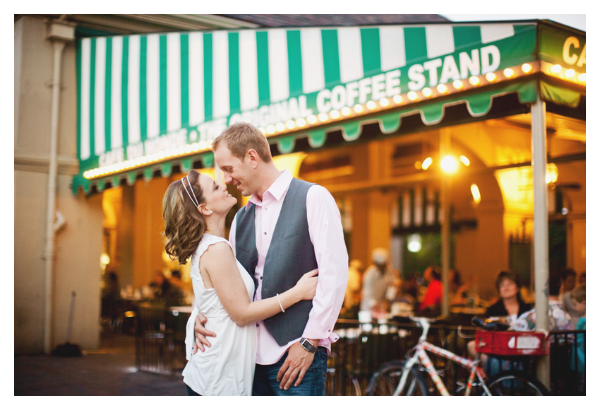 Engagement portrait photo session of CheyAnne Bradfield and Doug Keese in French Quarter, Jackson Square, and Bourbon Street in downtown New Orleans by Dallas wedding photographer Stacy Reeves