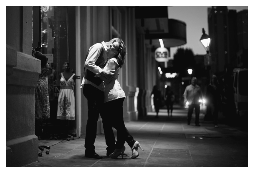 Engagement portrait photo session of CheyAnne Bradfield and Doug Keese in French Quarter, Jackson Square, and Bourbon Street in downtown New Orleans by Dallas wedding photographer Stacy Reeves