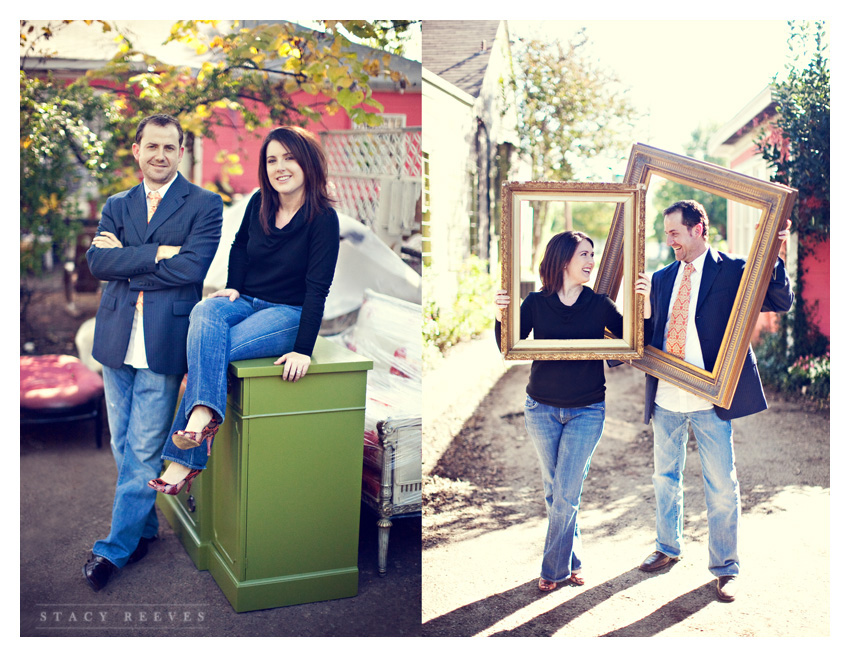 engagement session of Deziree Lindsay and Jon Beller at Again and Again vintage antique furniture resale shop in Dallas by Dallas wedding photographer Stacy Reeves