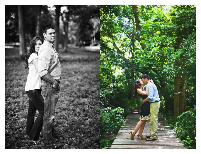 woodsy forest engagement photo session of Erin Mazur and Tyler Hufstettler by Dallas wedding photography Stacy Reeves