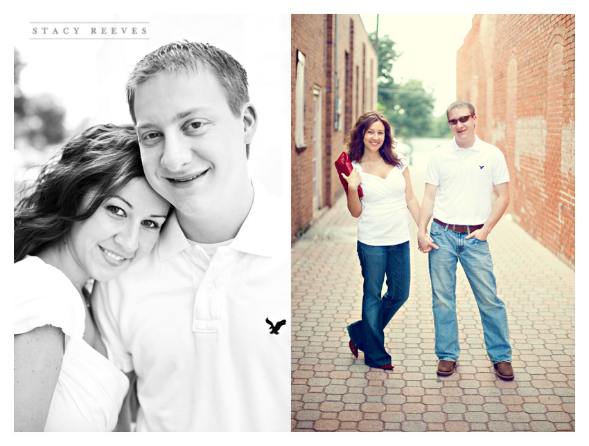 engagement session photos of Julie Lasater and Colin Beal in historic downtown Grapevine near Main Street by Dallas wedding photographer Stacy Reeves